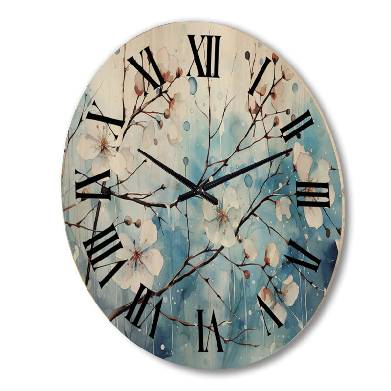 Blue Blossom on Winter Scenery II - Floral Oversized Wood Wall Clock, Extra Large