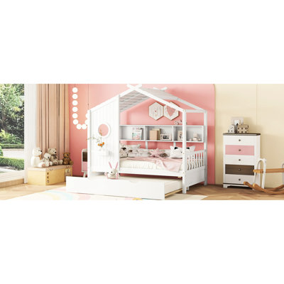 Lit simple blanc en bois avec lit gigogne, conception moderne pour, semi-fermé Airy Sleep, tablettes organisant des mini livres, lit blanc, lit gigogne à trois places et rangement pour livres