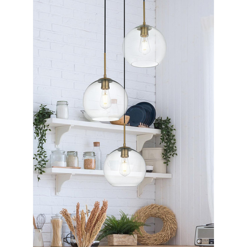 Luminaire suspendu sphérique pour îlot de cuisine à trois lumières avec accents en verre Snead, Transparent, Doré