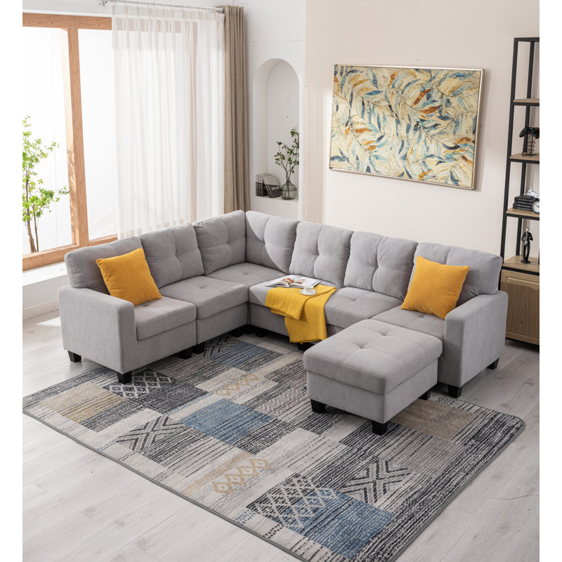 Reversible Modular Corner Sectional Sofa & Ottoman Set, Light Gray Polyester