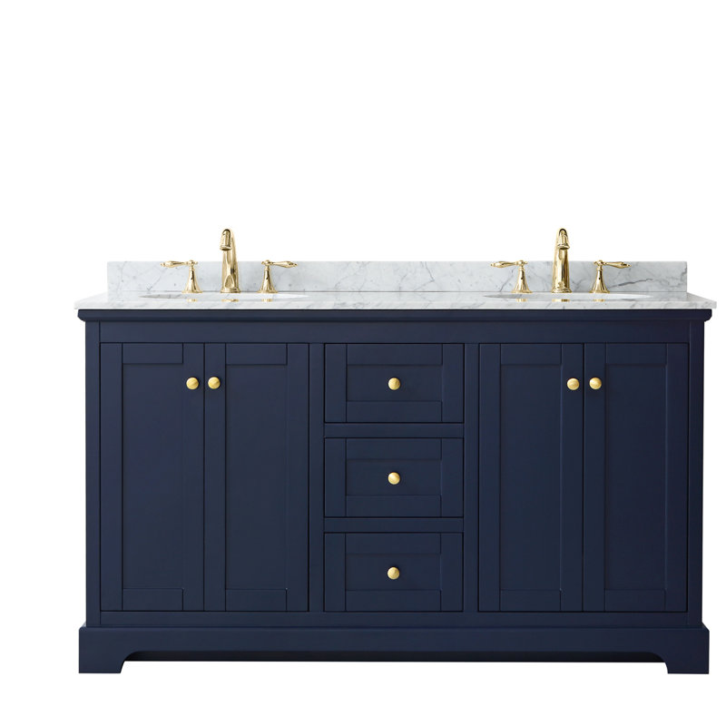 Ensemble de meuble-lavabo double 60 po Avery, Bleu foncé, Or brossé
