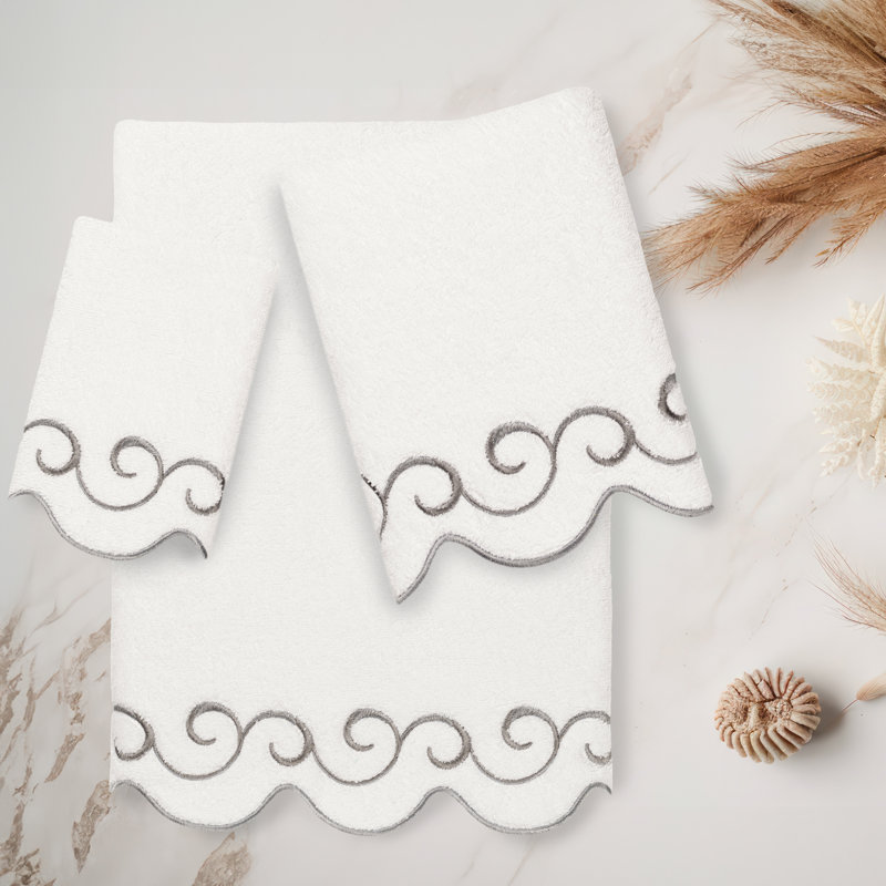  100% Turkish Cotton SIMPLICITY Scallop 3PC Embellished Towel Set, 3 Piece Towel Set, White/Gray