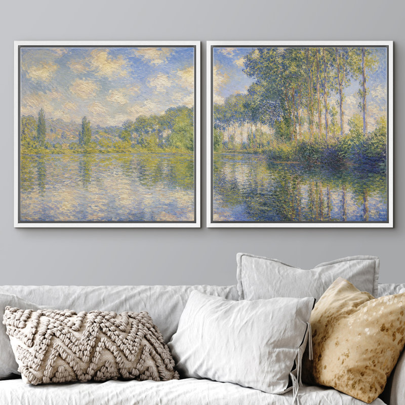 Impressionniste impression de forêt au bord du lac, ensemble de 2 œuvres d'art sur toile encadrées, White Framed