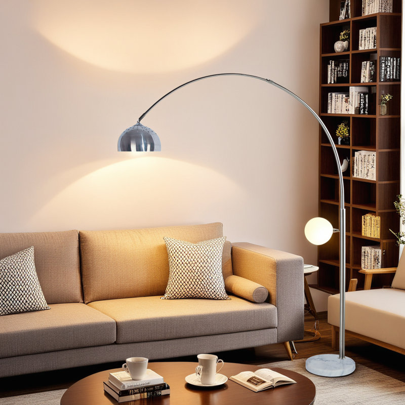 Lampe sur pied arquée moderne 81 po avec bras réglable et base en marbre, finition nickel brossé, interrupteur au pied en ligne