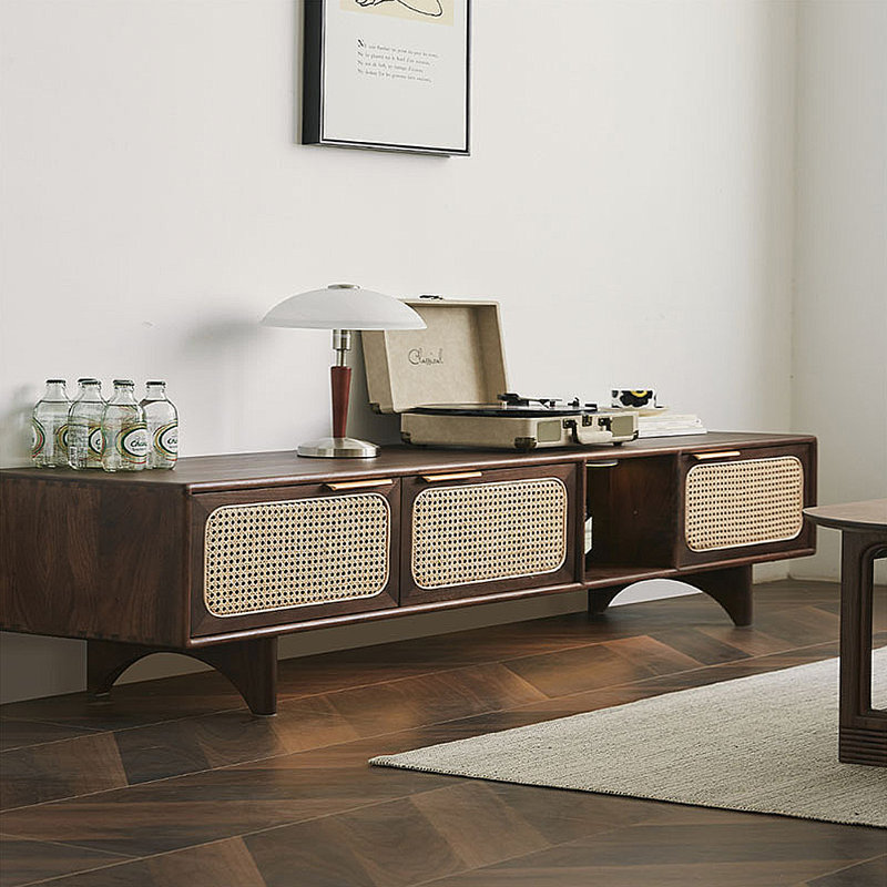 Meuble télé moderne et simple avec rangement en rotin, H 17,72 po x L 70,87 po x l 15,75 po