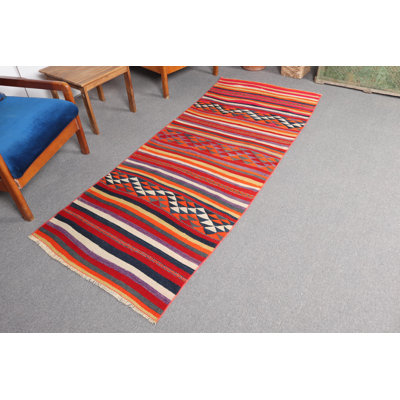 Vintage Turkish Oushak Kilim Runner Rug in Striped Rainbow Design for Kitchen