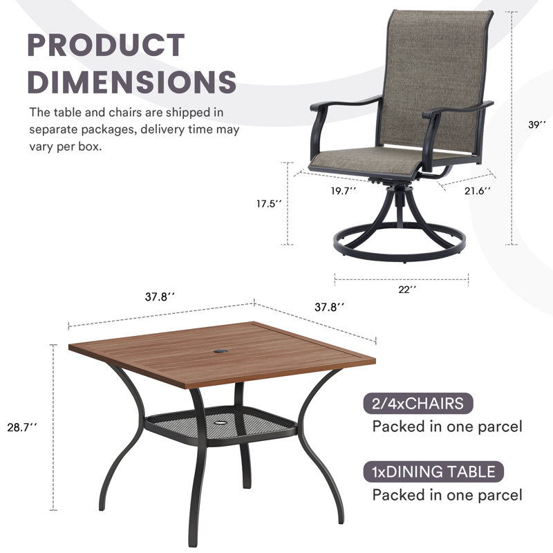 Ensemble repas d'extérieur avec table carrée pour 4 personnes et chaises pivotantes, Bois brossé brun / noir