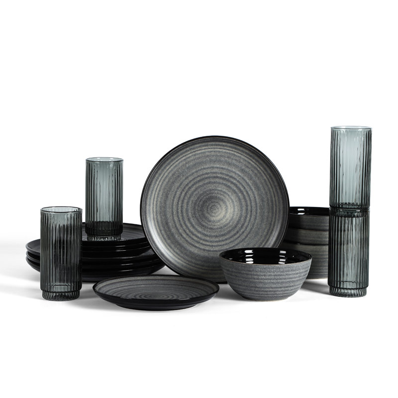 Stone Lain Dua 32-Piece Dinnerware Set Stoneware, Borosilicate Glass, Black