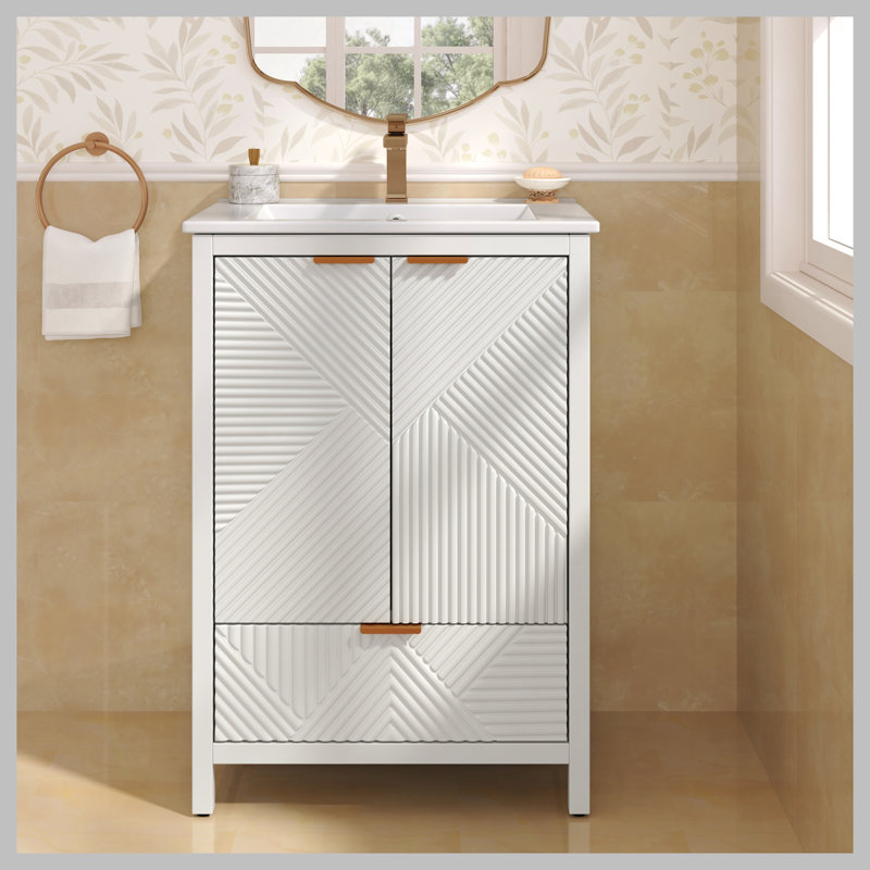 Ensemble de meuble-lavabo 24 po avec lavabo, meuble-lavabo moderne avec trou de robinet simple, panneaux de porte texturés et tiroir, pieds en pin, grand espace de rangement et charnières à fermeture douce, blanc