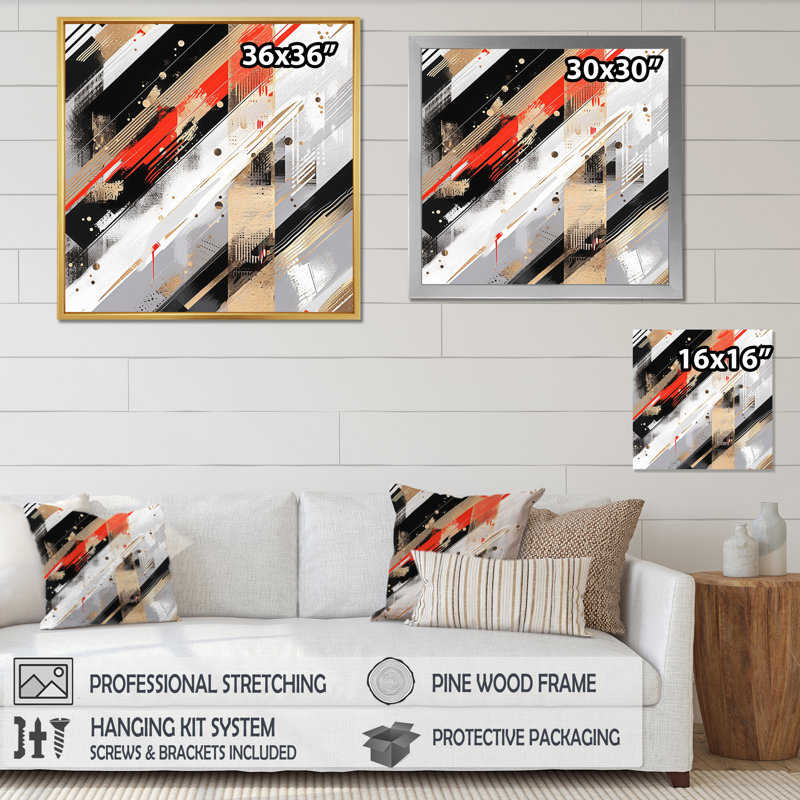«Red and Gold Cubic Abstract II», reproduction sur toile, H 30 po x l 30 po x P 1 po, Cadre flottant noir