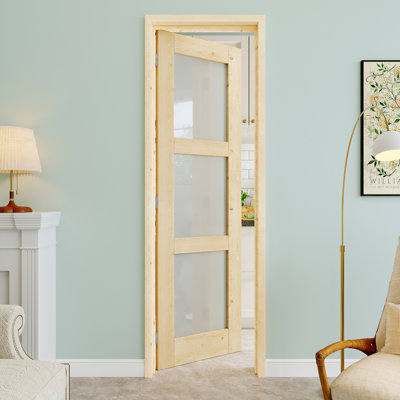 Porte intérieure pré-suspendue en bois de pin et verre givré 24 po x 80 po 3-Lite avec charnières argentées, dalle de porte d'intimité en verre, à peindre et imperméable, combinaison pour la lessive, portes de placard, portes de pièce, gauche