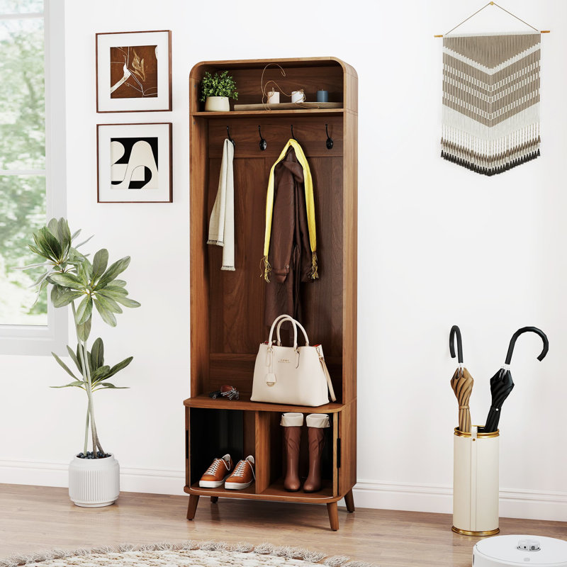 66.9" Hall Tree With Storage, Storage Bench, Arch Coat Rack With 4 Hooks And 2 Fluted Doors