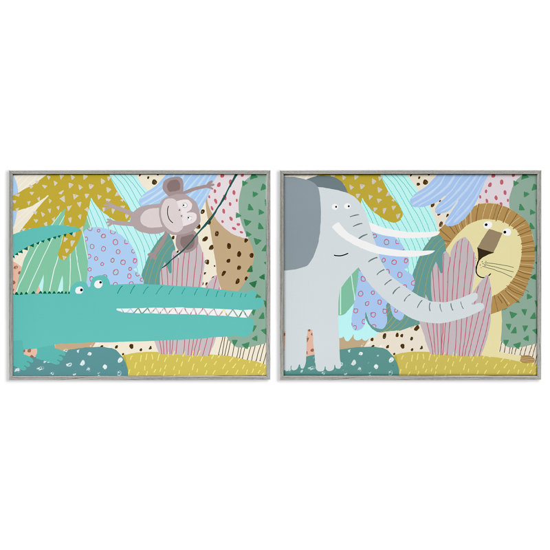 Ensemble de 2 giclées encadrées Whimsical Wild Jungle Animals, par Carla Daly, Estampe numérique Farmhouse, H 11 po x l 14 po