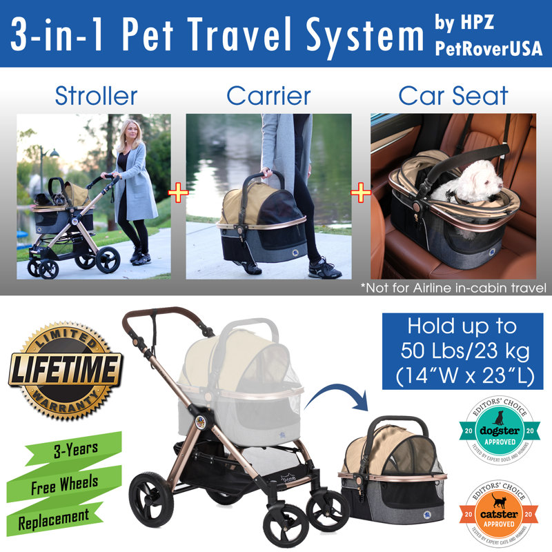 Poussette standard pliable avec transport amovible Pet Rover Prime, Taupe