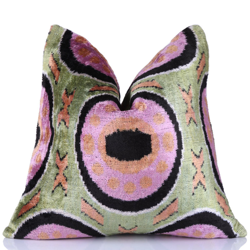 Coussin en velours de soie géométrique vert lilas noir - 16 x 16 fait à la main