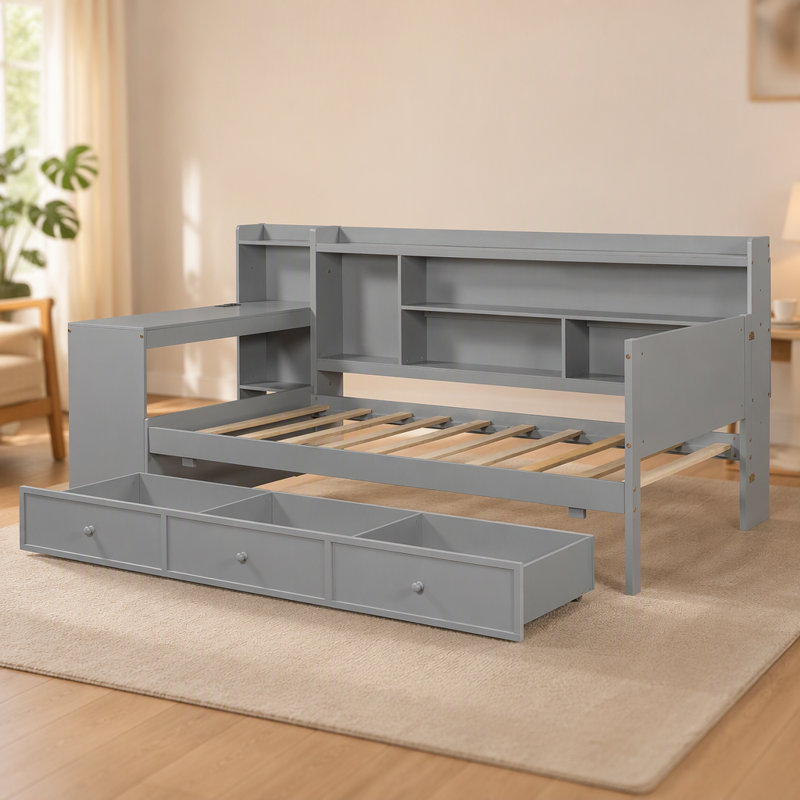 Lit de jour multifonctionnel simple avec trois tiroirs, ports USB et bureau pour une vie confortable et une utilisation efficace de l'espace