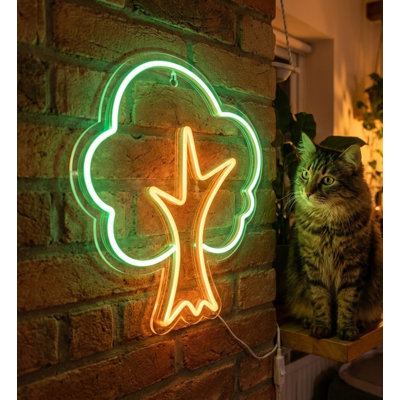  | Enseigne néon à motif d'arbre | Fabriqué avec un tube néon flexible durable qui émet une lumière brillante et uniforme pendant plus de 50 000 heures sans décoloration ni scintillement | 24 x 20 | Vert et orange