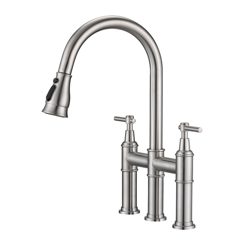 Robinet de cuisine Bridge avec douchette extractible, Nickel brossé