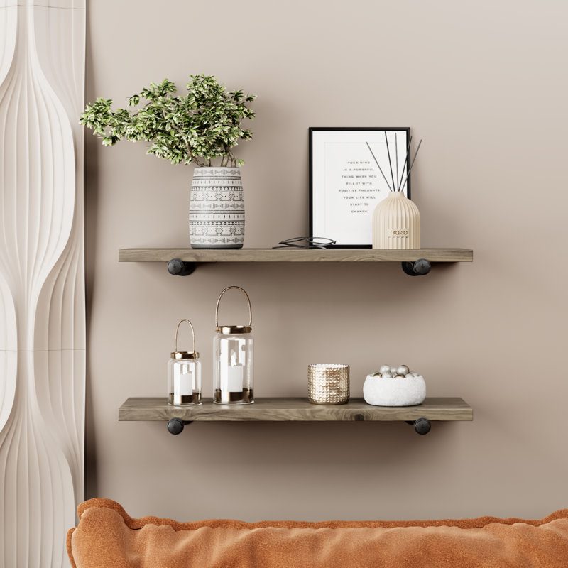 Tablettes flottantes en bois massif avec supports pour tuyaux, Gris, H 1 po x l 42 po x P 8 po