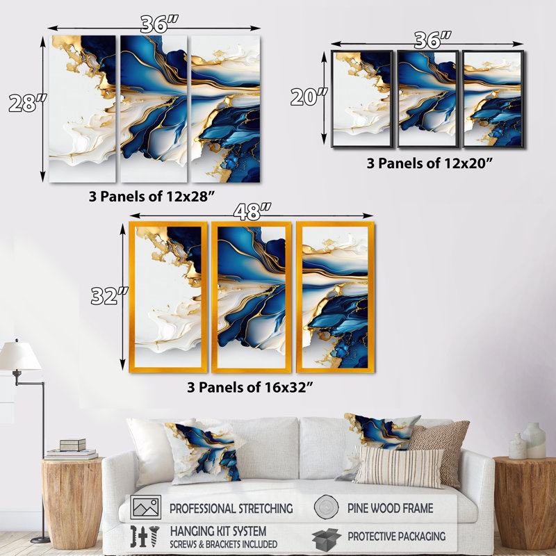 Abstract Geode Gold And Blue Marble Shape III - 3 Piece Print on Canvas, 32" H x 48" W x 1" D, Wrapped Canvas