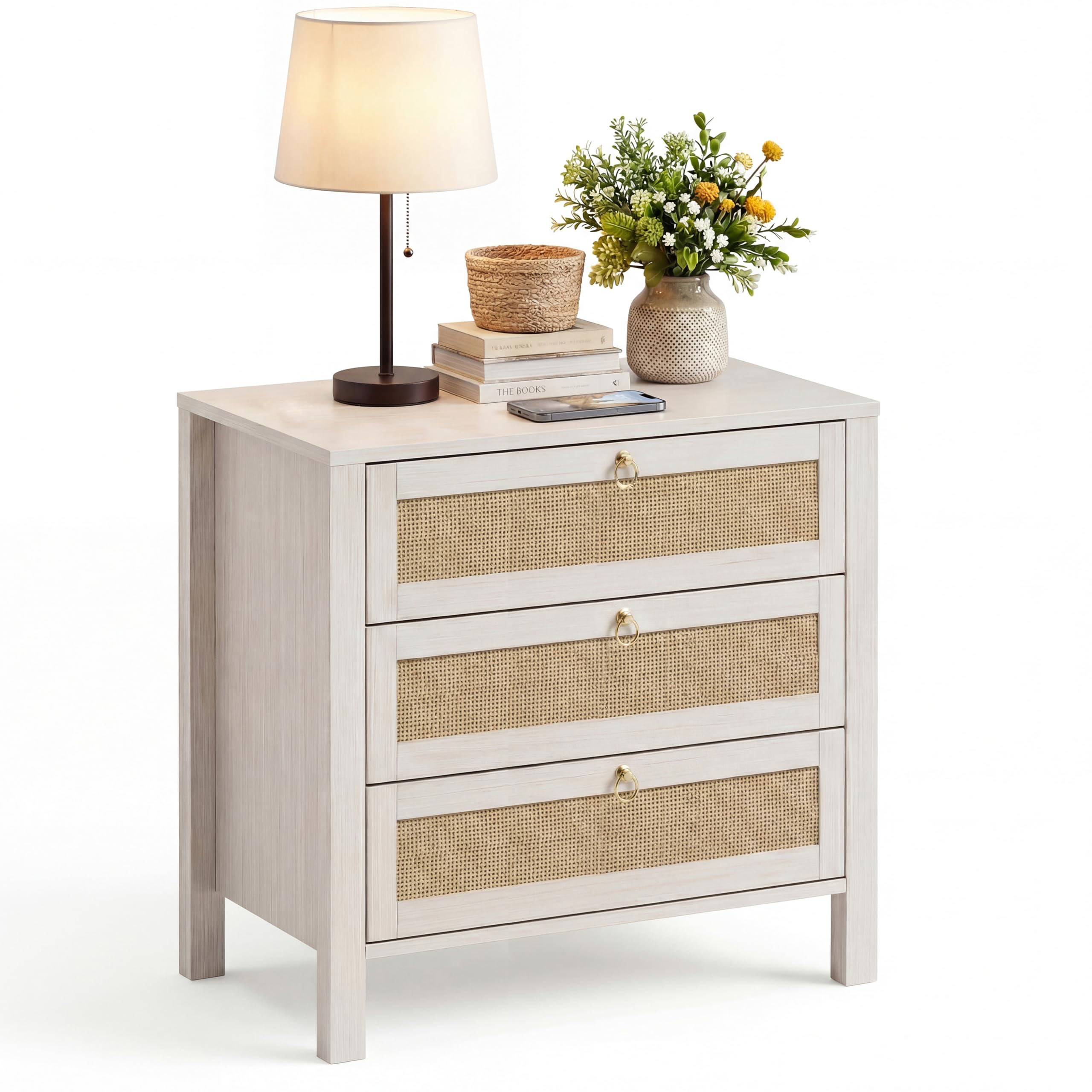 East Urban Home Großer Nachttisch aus Rattan – Boho Stil mit 3 Schubladen – Holz Bettkommode mit goldenen Griffen – Viel Stauraum – Für Schlafzimmer/Wohnzimmer – Farbe: Weiß