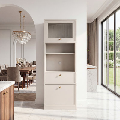 Armoire de rangement autoportante haute de 71 pouces avec portes et tablettes, tablettes réglables, tiroir et ensemble anti-basculement, bois de catégorie E1, blanc chaud pour garde-manger, armoire de rangement pour salle de bain