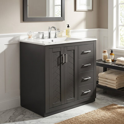 Ensemble de meuble-lavabo en bois massif 30 po + panneau de fibres à densité moyenne avec lavabo en céramique avec 3 tiroirs et portes à fermeture douce