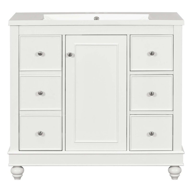 Armoire de salle de bain contemporaine avec lavabo en résine, 4 tiroirs et 1 porte Drostan, Blanc