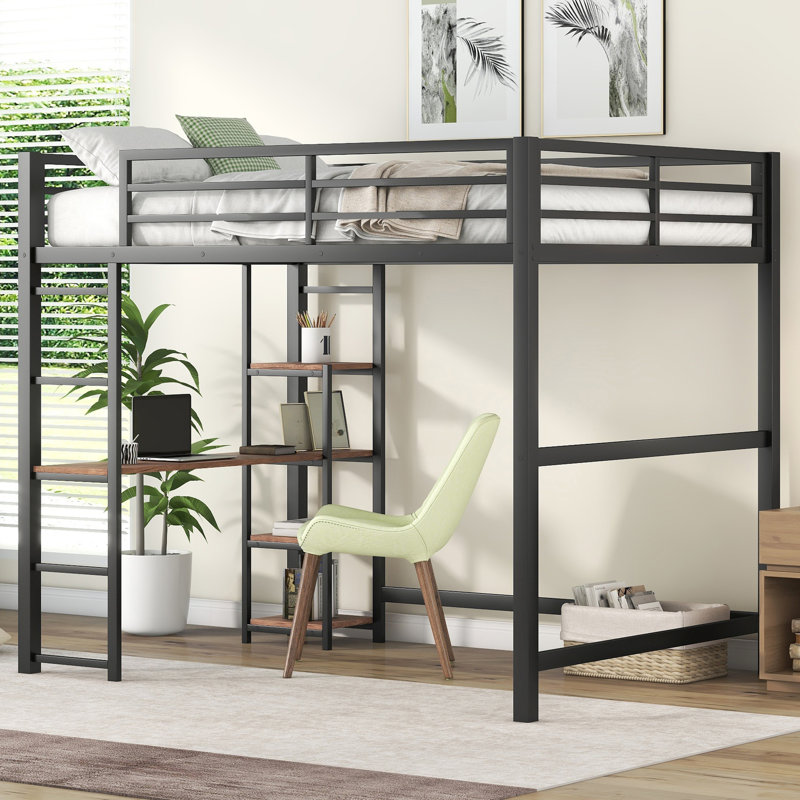 Lit mezzanine double noir avec bureau intégré et tablettes - Structure en métal pour une structure de rangement durable