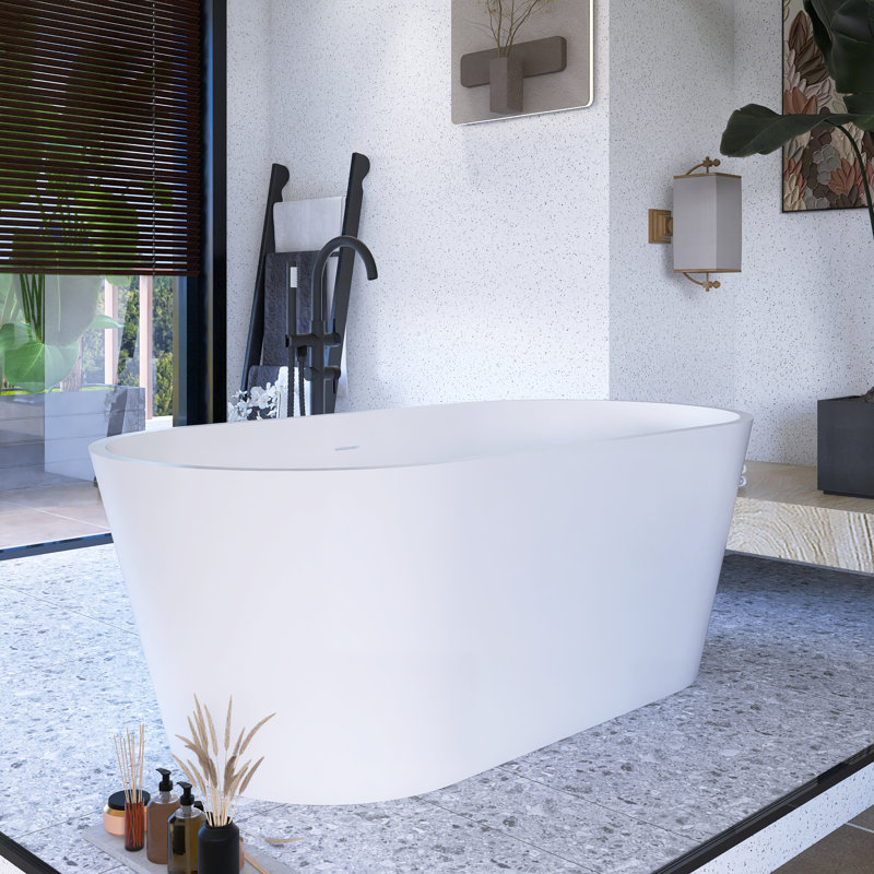 63" Solid Surface Freestanding Soaking Bathtub in Matte White