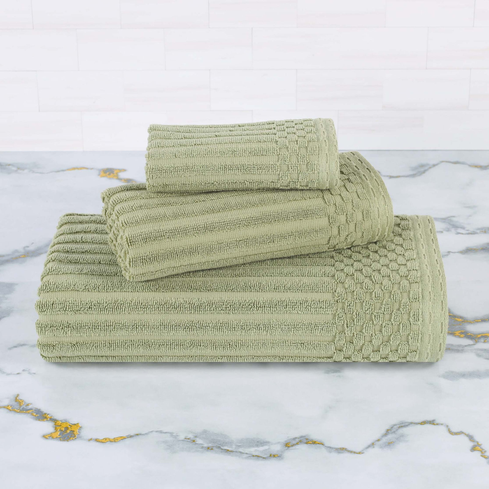 8-Piece Checkered Border Cotton Towel Set, Sage Green, 3 Piece Towel set (1-bath, 1-hand, 1-face)