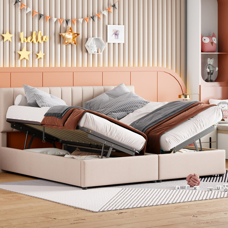 Beige Upholstered King Size Bed With Versatile Storage Space Generous Capacity