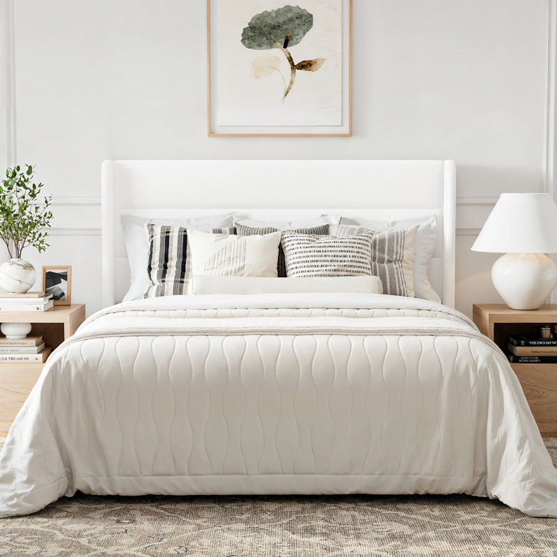 Full Size Velvet Upholstered Platform Bed with Adjustable Headboard and Wooden Slats, White, Full, White