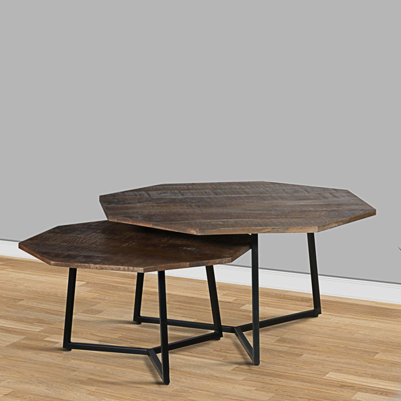 Ensemble de tables basses gigognes 2 pièces 35, 28 pouces, plateau octogonal, bois de manguier, brun et noir