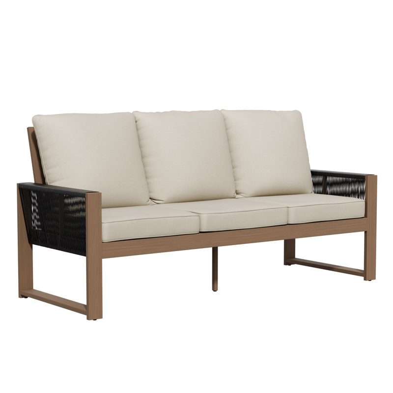 Outdoor Patio Cedar Wood Brown Round Wicker 3-Seat Sofa with Olefin Thick Cushions, Beige