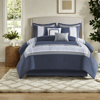 Luxury Bedding Sets, Cal King 8 Piece Embroidered Polyester Comforter, Elegant Navy Design For Bedroom Decor