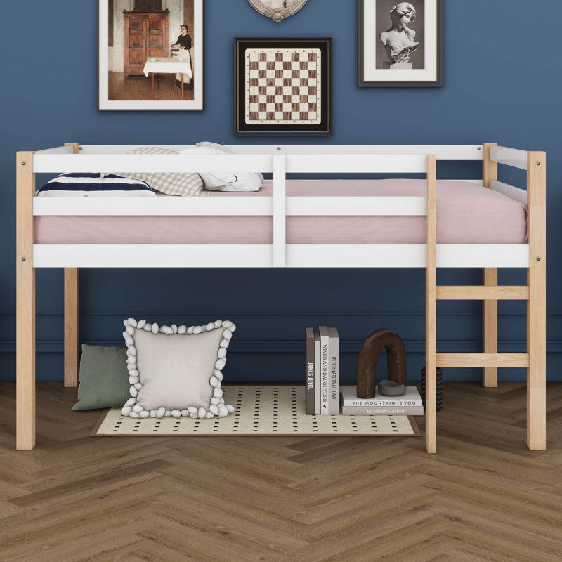 Lit mezzanine simple pour enfants, structure de lit mezzanine en bois massif avec échelle et garde-corps pour petite chambre et plafond bas
