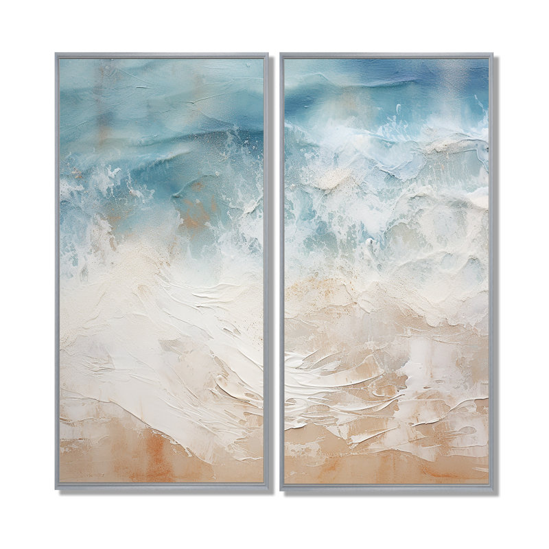 Vue aérienne de sable moderne bleu et beige I - art mural côtier, 40" H x 40" W, Impression encadrée flottante, Silver