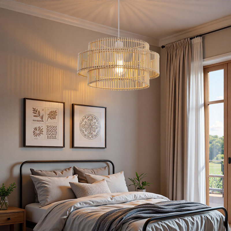 16" 1-Light White Pendant Light With Natural Bamboo 2-Tier Round Shade, Adjustable Eco-Friendly Ceiling Light For Dining Room & Kitchen