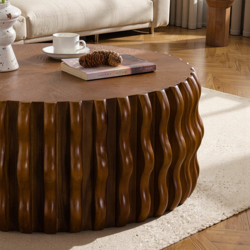 Mid-Century Modern Drum Fluted Round Coffee Table - Natural Wood Solid Wood Living Room Center Table for Farmhouse, Bedroom & Apartment