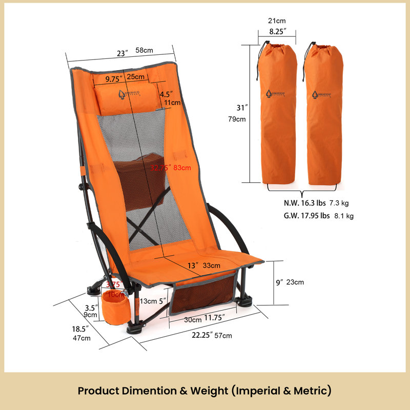 2-pack Folding Beach Chair with Headrest, Orange