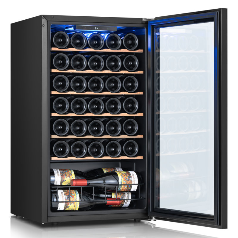 Réfrigérateur à vin 34 bouteilles avec porte réversible Ca'lefort, tablettes réglables, refroidisseur à vin à contrôle de température précis de 37 à 65 ° F, système de refroidissement à compresseur, éclairage DEL à 3 couleurs, réfrigérateur à vin à porte en verre à 2 couches, parfait pour la cuisine, la salle à manger, Bar personnel 