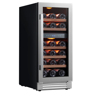 15" 28-Bottle Dual Zone Wine Cooler, Built-In & Freestanding, 3 Cu.Ft. Wine Refrigerator with 40–65°F, Amber/Blue/White LED, UV-Protected Double Glass, Hidden Hinges, Frost-Free, Carbon Filter, Front Vent, Compressor & Fan Cooling Wine Fridge
