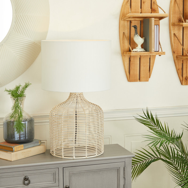 Rattan Handmade Woven Table Lamp with Drum Shade, White, Beige