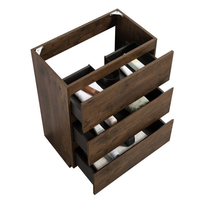 Meuble 24f-105 : Noyer, 3 tiroirs, préassemblé, style moderne et élégant, rangement maximal, ouverture et fermeture silencieuses, sans poignée, lavabo non incluse. Élégant meuble de sol 24f-105, optimisez votre espace et votre confort.