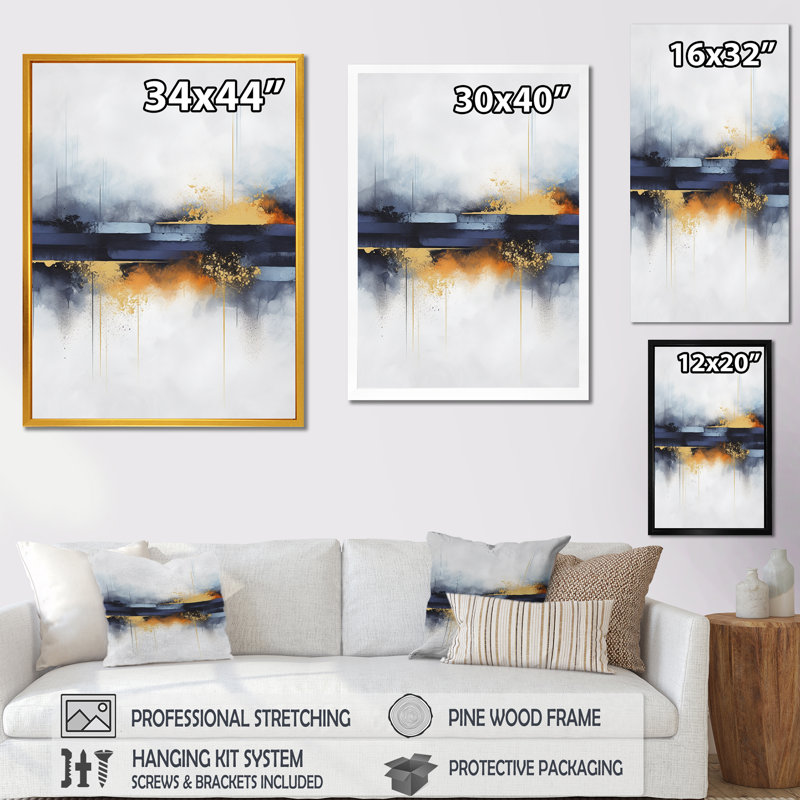 Abstrait bleu et cascade de marbre jaune V - Art mural abstrait, Cadre flottant doré, H 20 po x l 12 po x P 1 po