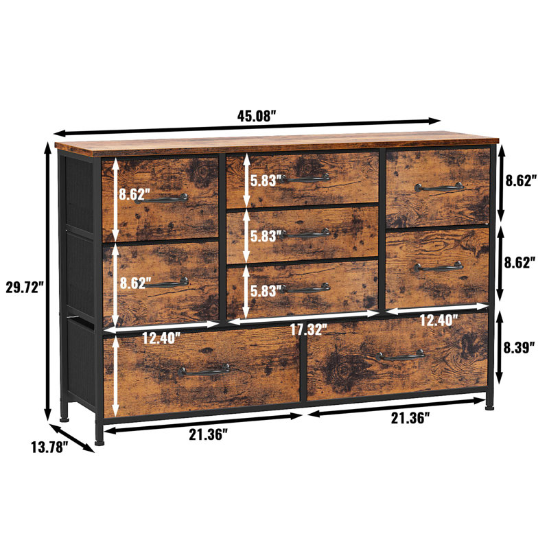 Commode à neuf tiroirs, Brun rustique
