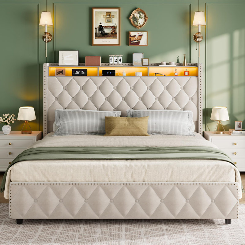 Bed Frame With 50.8" Tall Headboard, Platform Velvet Upholstered Bed Frame With 4 Storage Drawers, Beige, Queen