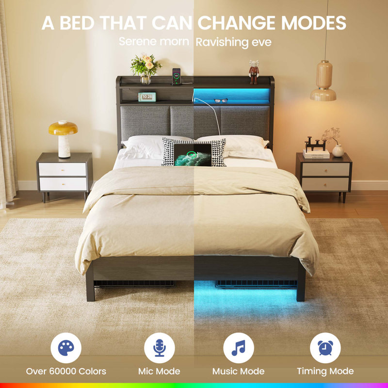 Bed with Headboard and Power Outlets, Upholstered bed with 4 Drawers and RGB LED Lights, Twin/Single, Gray
