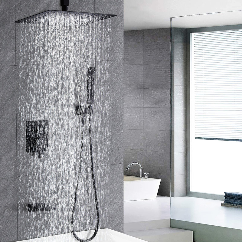 Stainless Steel 12" Shower Formation, Matte Black, Wall Mounted With Handheld & Waterfall Tub Spout Apparatus Assembly, Steel, Spout,
